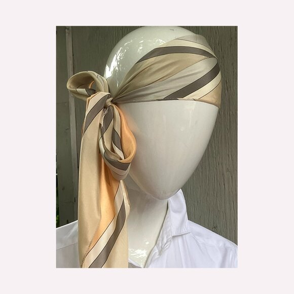 Vintage Silk Scarf Peach Gray Beige and White Diagonal Stripe Bias - Picture 5 of 5